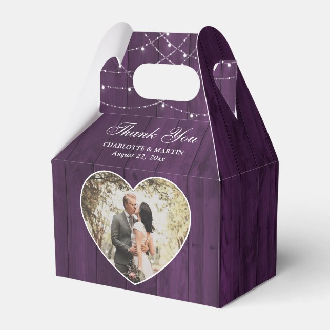 Rustic Wood Purple Wedding Photo Favor Box (Front Side)
