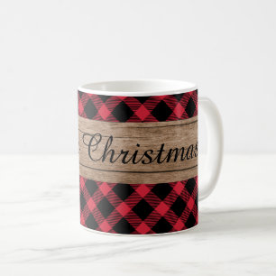 Rustic Wood Red and Black Buffalo Plaid Christmas Coffee Mug