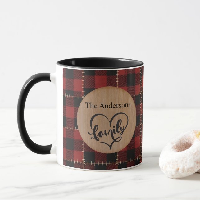 Rustic Wood Red Buffalo Plaid Family Christmas Mug (With Donut)
