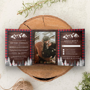 Rustic Wood Red Buffalo Plaid Mountain Wedding Tri-Fold Invitation