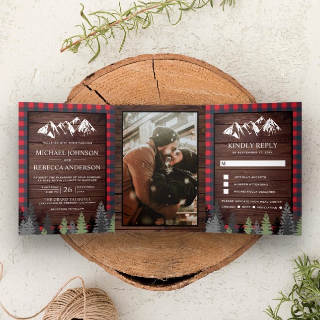 Rustic Wood Red Buffalo Plaid Mountain Wedding Tri-Fold Invitation (Creator Uploaded)