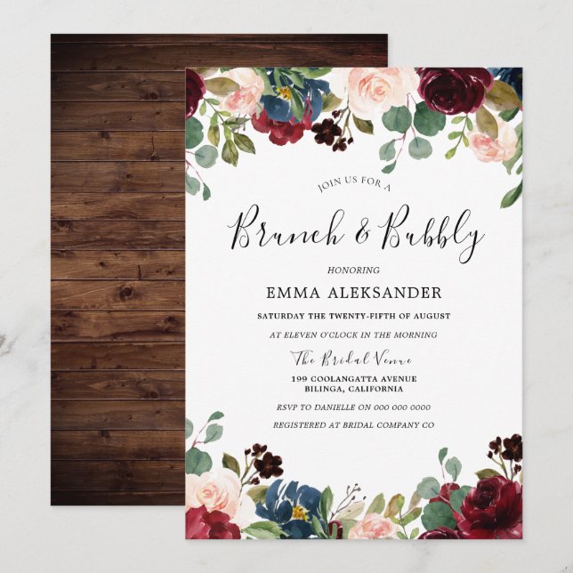 Rustic Wood Red Burgundy Floral Brunch & Bubbly Invitation (Front/Back)