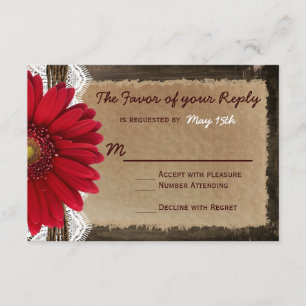 Rustic Wood Red Daisy Country Wedding RSVP Cards