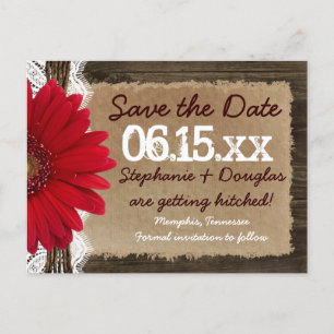 Rustic Wood Red Daisy Save the Date Postcards