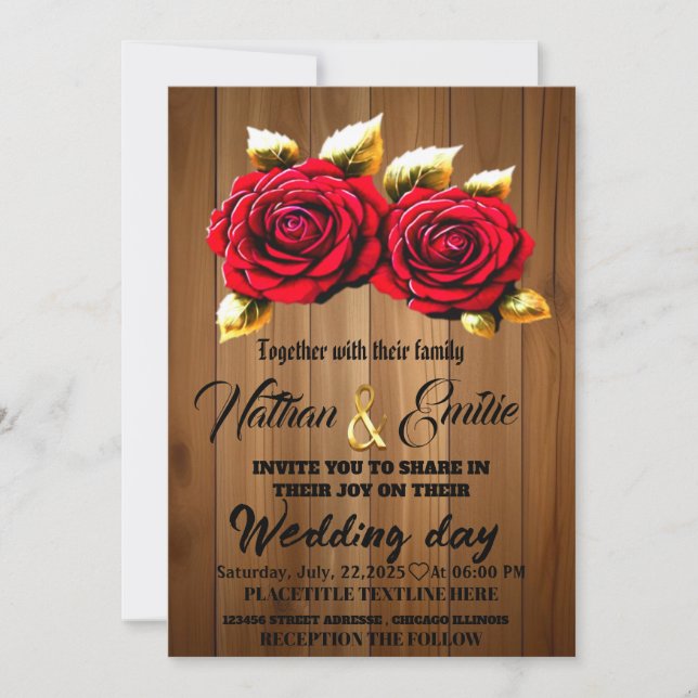 Rustic wood red flowers romantic wedding invitatio invitation (Front)