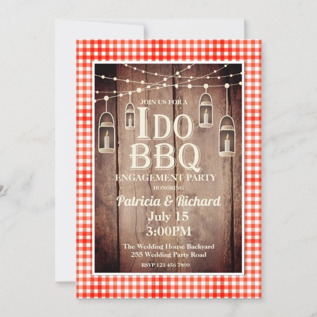 Rustic Wood Red Gingham  I Do BBQ Engagement Invitation (Front)