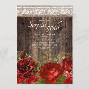 Rustic Wood Red Gold Flowers Burlap Surprise 50th Invitation