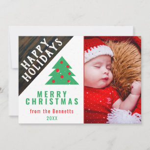 Rustic Wood Red Green Christmas Tree Family Photo Holiday Card