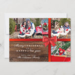 Rustic Wood & Red Ribbon 3 Photo Christmas Collage Holiday Card<br><div class="desc">This flat holiday card is a beautiful choice for any family looking to send love and Christmas cheer to friends and family. This design features 3 of your favorite holiday photos with a red ribbon and festive bow on top making the card look like a wrapped gift. In the bottom-left...</div>