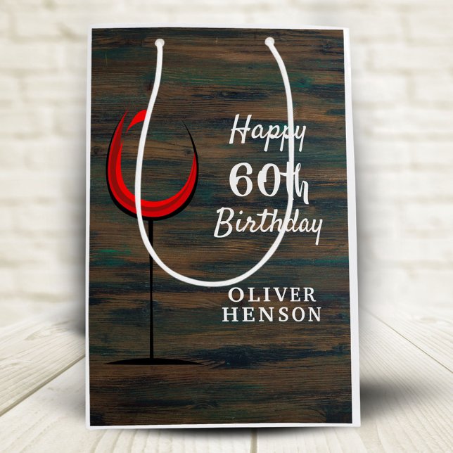 Rustic Wood Red Wine 60th Birthday  Medium Gift Bag (Creator Uploaded)