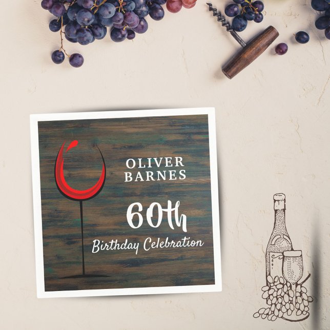 Rustic Wood Red Wine 60th Birthday Party Napkin (Creator Uploaded)
