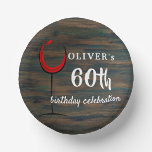 Rustic Wood Red Wine 60th Birthday Party Paper Plate