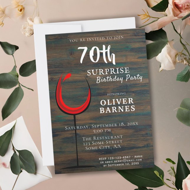 Rustic Wood Red Wine 70th Birthday Surprise Party Invitation (Creator Uploaded)