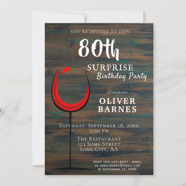Rustic Wood Red Wine 80th Birthday Surprise Party Invitation (Front)