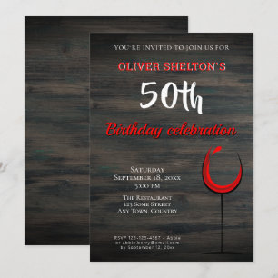 Rustic Wood Red Wine Glass 50th Birthday Party Invitation