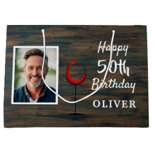 Rustic Wood Red Wine Glass 50th Birthday Photo Large Gift Bag