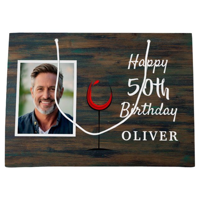 Rustic Wood Red Wine Glass 50th Birthday Photo Large Gift Bag (Front)