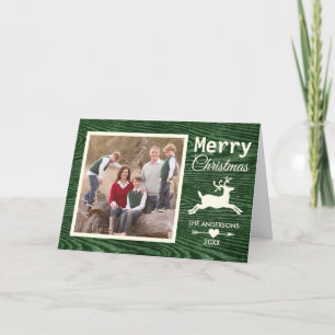 Rustic Wood Reindeer Green Christmas Family Photo Holiday Card