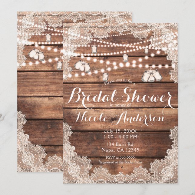 Rustic Wood Romantic Lace Mason Jars Bridal Shower Invitation (Front/Back)