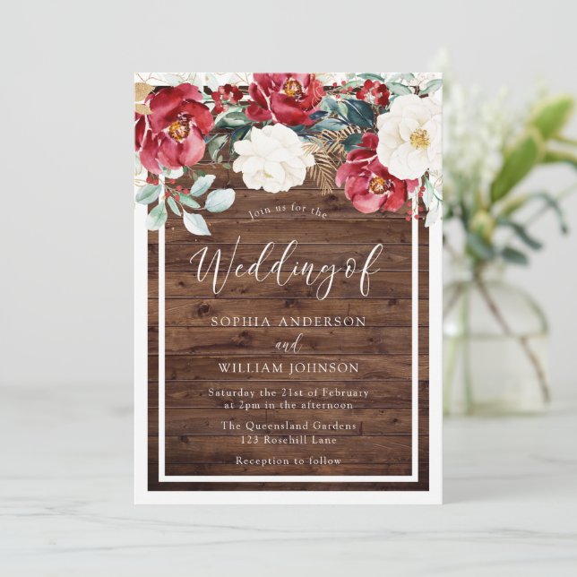 Rustic Wood Romantic Red Floral Wedding Invitation (Standing Front)