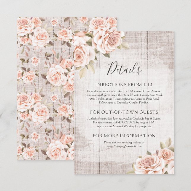 Rustic Wood & Romantic Roses Details / Directions Enclosure Card (Front/Back)