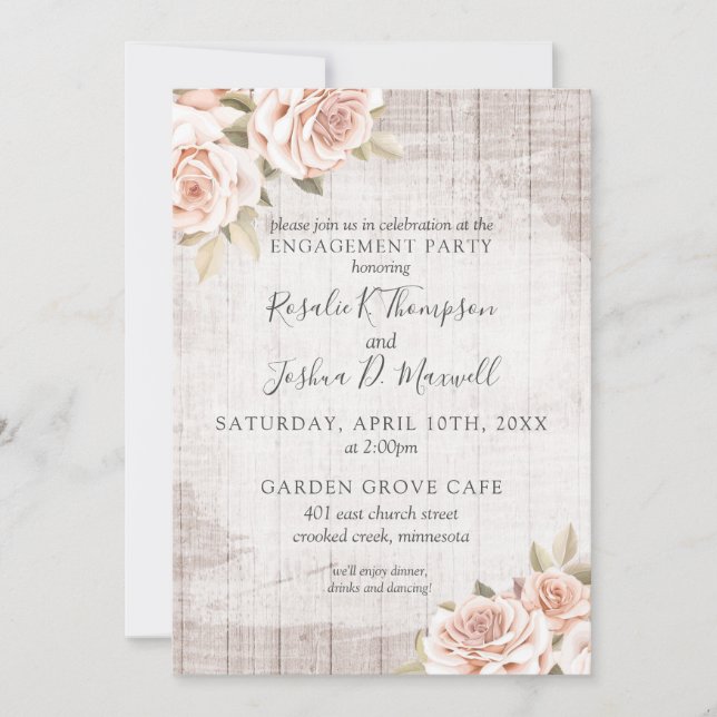 Rustic Wood & Romantic Roses Engagement Party Invitation (Front)