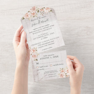Rustic Wood & Romantic Roses Shabby Chic Wedding All In One Invitation