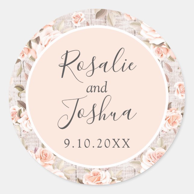 Rustic Wood & Romantic Roses Shabby Wedding Date Classic Round Sticker (Front)