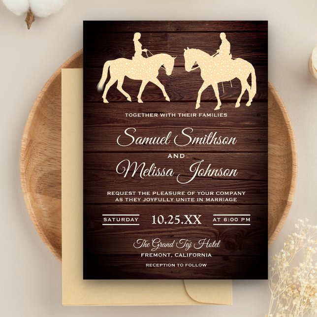 Rustic Wood Romantic Western Horse Riders Wedding Invitation (Creator Uploaded)