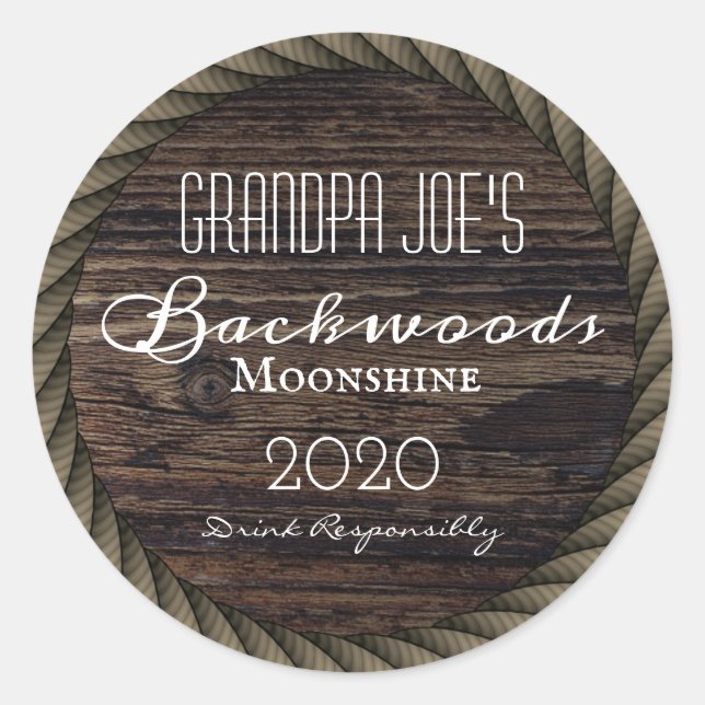 Rustic Wood & Rope Personalized Classic Round Sticker (Front)