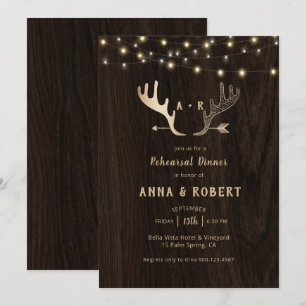 Rustic Wood Rose Gold Antlers Rehearsal Dinner Invitation