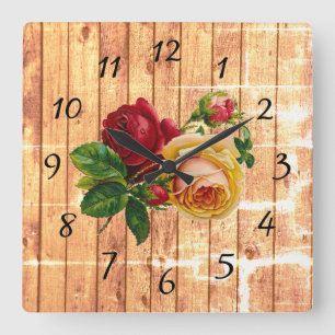 Rustic Wood Rose Square Wall Clock