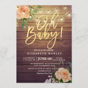 Rustic Wood Roses Floral String Light Baby Shower Invitation