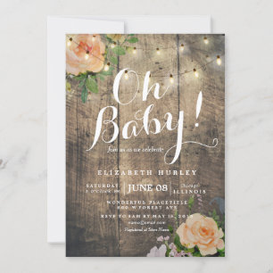 Rustic Wood Roses Floral String Light Baby Shower Invitation