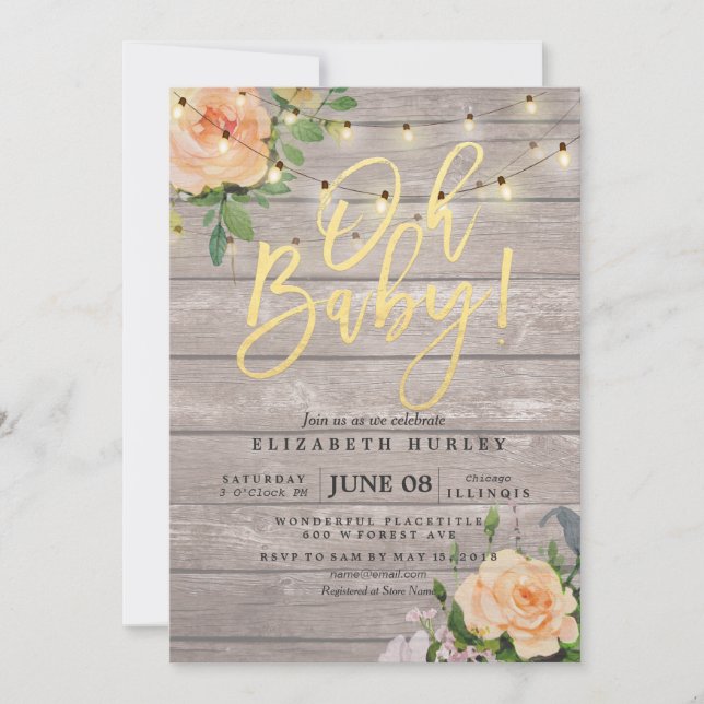 Rustic Wood Roses Floral String Light Baby Shower Invitation (Front)