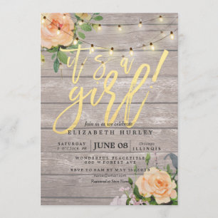 Rustic Wood Roses Floral String Light Baby Shower Invitation