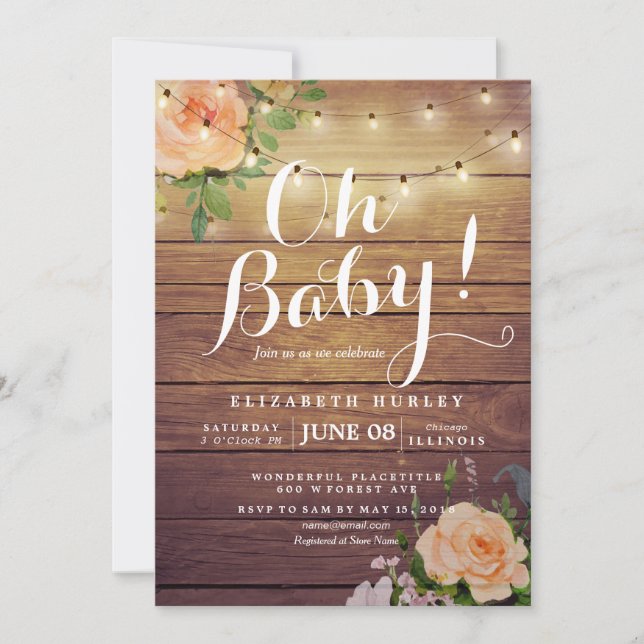 Rustic Wood Roses Floral String Light Baby Shower Invitation (Front)