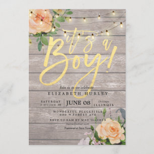 Rustic Wood Roses Floral String Light Baby Shower Invitation