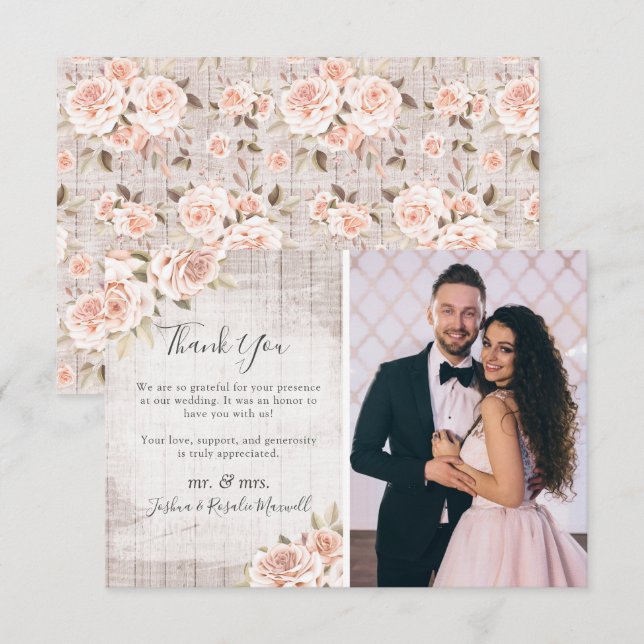 Rustic Wood & Roses Shabby Wedding Thank You Photo (Front/Back)