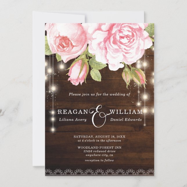 Rustic Wood Roses String Lights Wedding Invitation (Front)