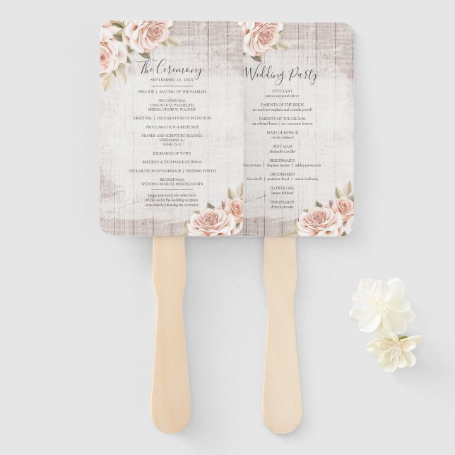 Rustic Wood & Roses Wedding Program & Party List Hand Fan (Front and Back)