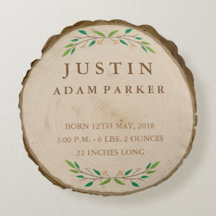 Rustic Wood Round Baby Stats Pillow