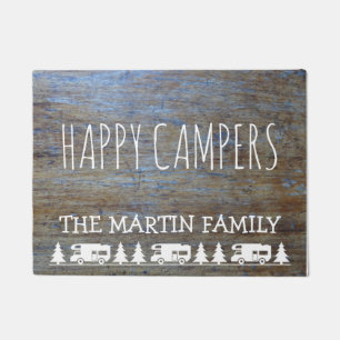 Rustic Wood RV Camping   Happy Campers Custom Name Doormat
