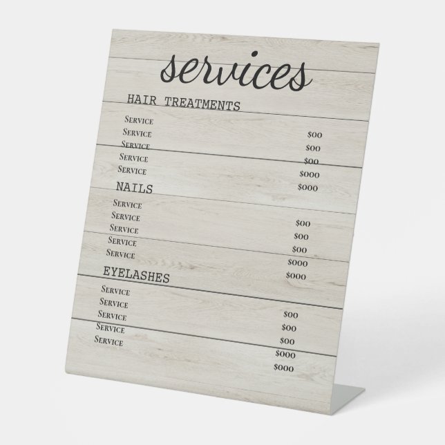 Rustic Wood Salon Service Menu Sign (Front)