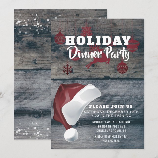 Rustic Wood Santa Holiday Dinner Party Invitation (Front/Back)