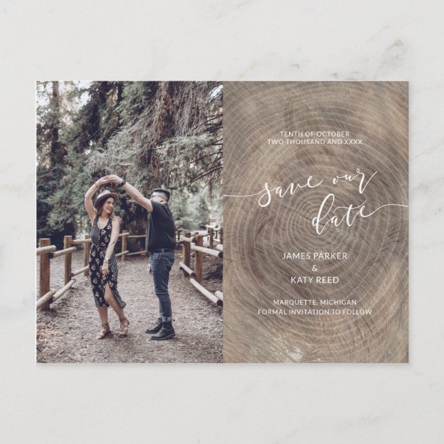 Rustic wood save the date photo postcard (Front)