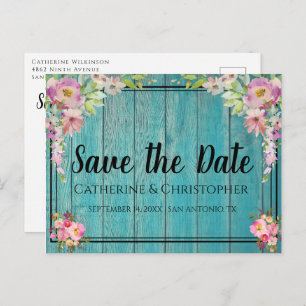 Rustic Wood Save the Date Pink Floral Announcement Postcard