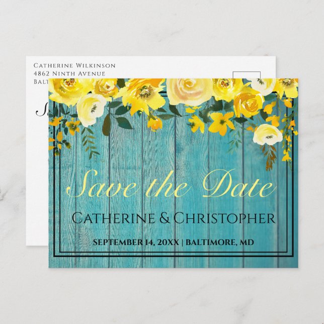 Rustic Wood Save the Date Rose Floral Announcement Postcard (Front/Back)