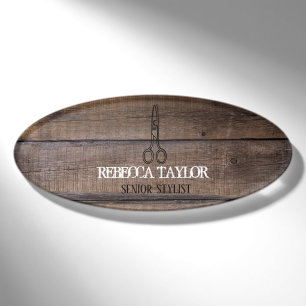 Rustic Wood Scissors Logo Salon Employee Name Tag