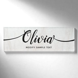 Rustic Wood Script Calligraphy Employee Name Tag